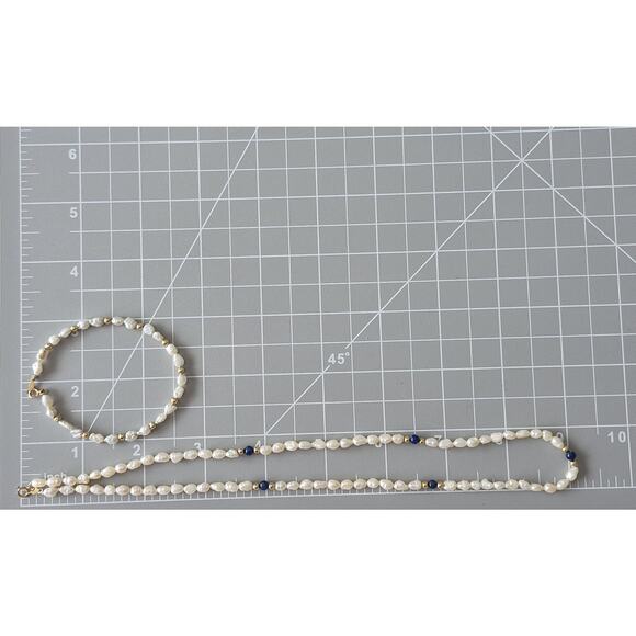 14K Gold Lapis Lazuli Seed Pearl and Bracelet Set - Picture 4 of 4
